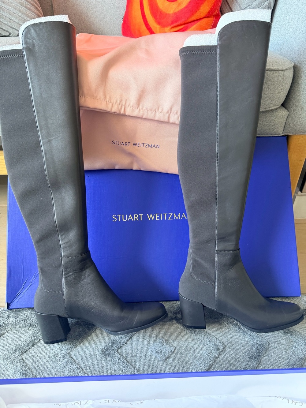 Stuart Weitzman Tall Block-Heel Leather Boots in Dark Gray